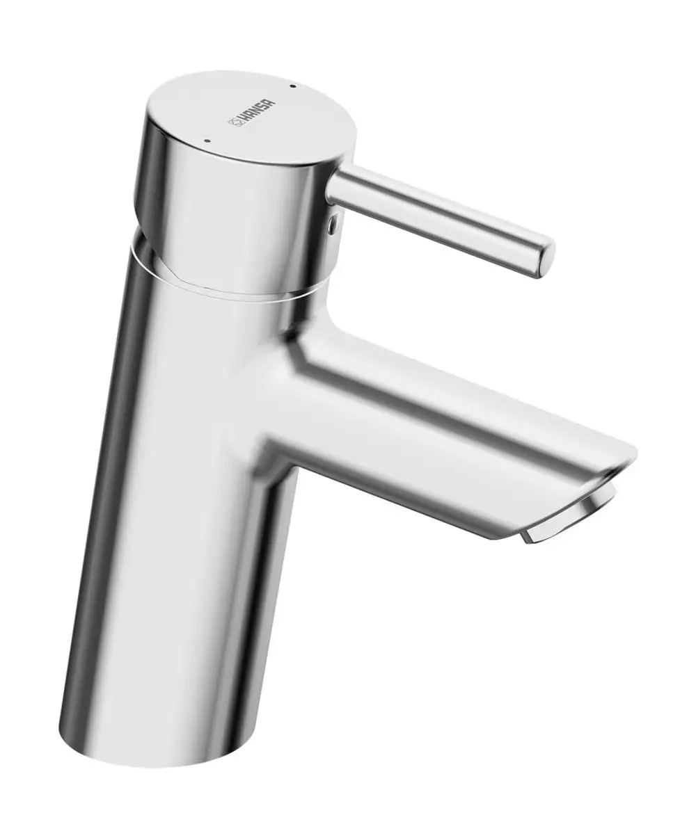 Einhebelmischer aus Chrom von HANSA mit runder Kopfbedienung und seitlichem Hebel, gestaltet für den Waschtisch, mit horizontalem Auslauf.